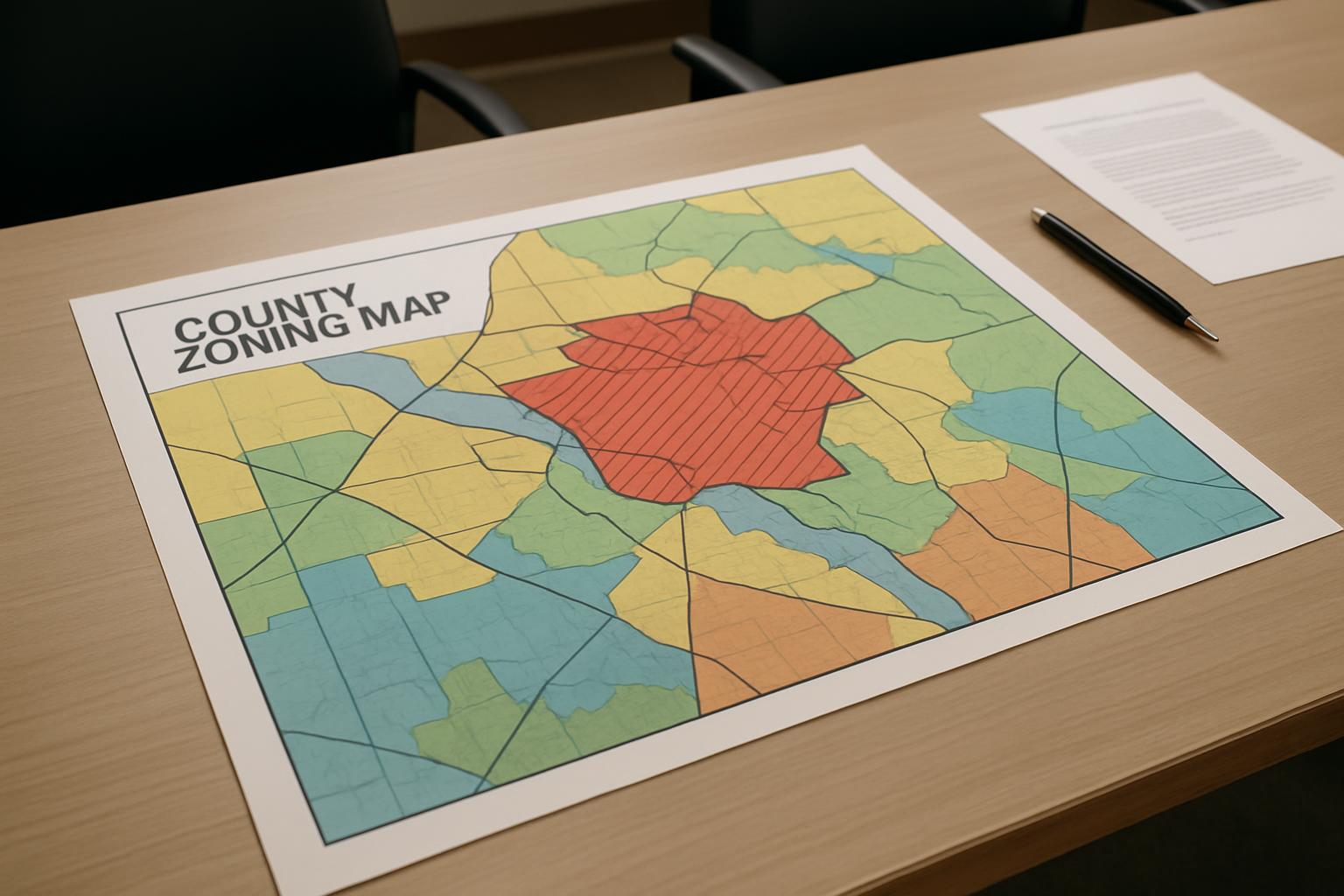 A wooden table with a colorful county zoning map and other workplace items.