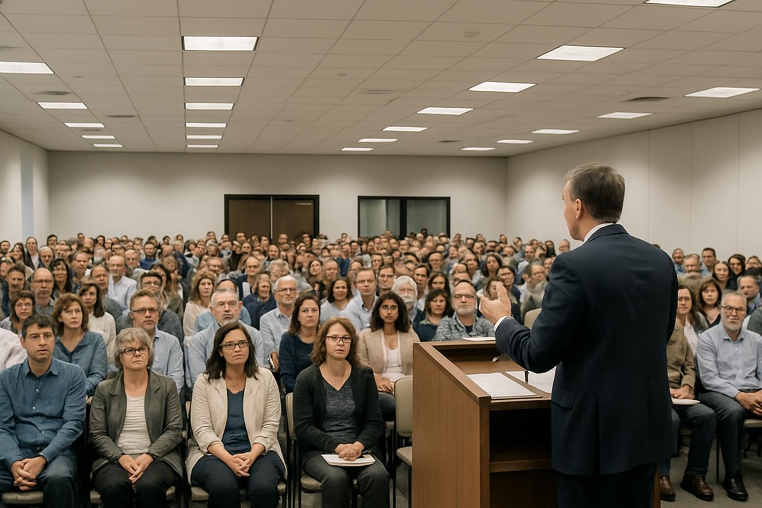 A man in a navy suit stands at a wooden podium in front of a large crowd in a courtroom courtroom conference room, gesturi...